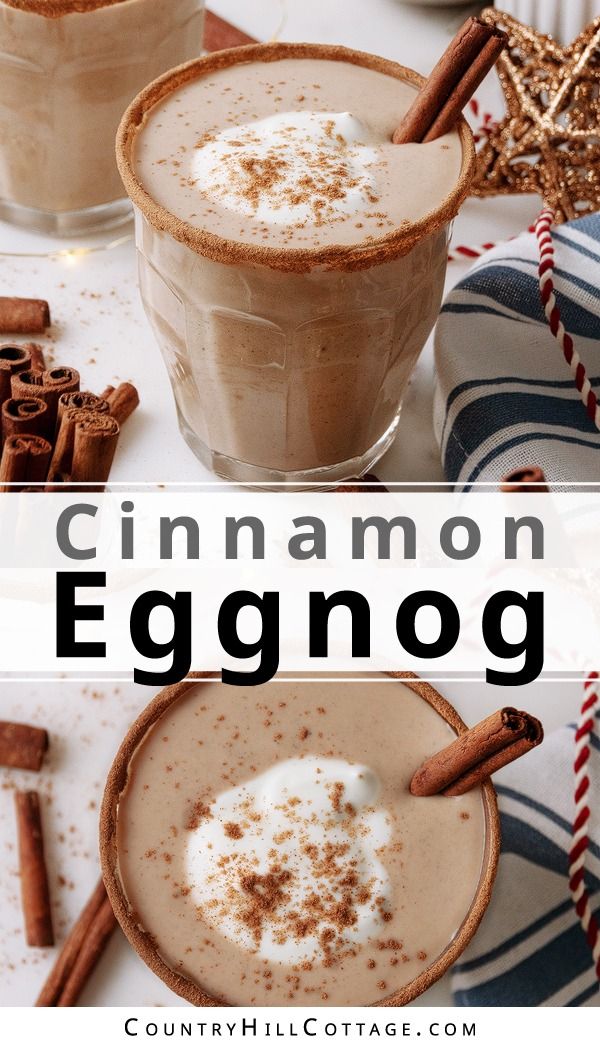 two glasses filled with cinnamon eggnog on top of a table