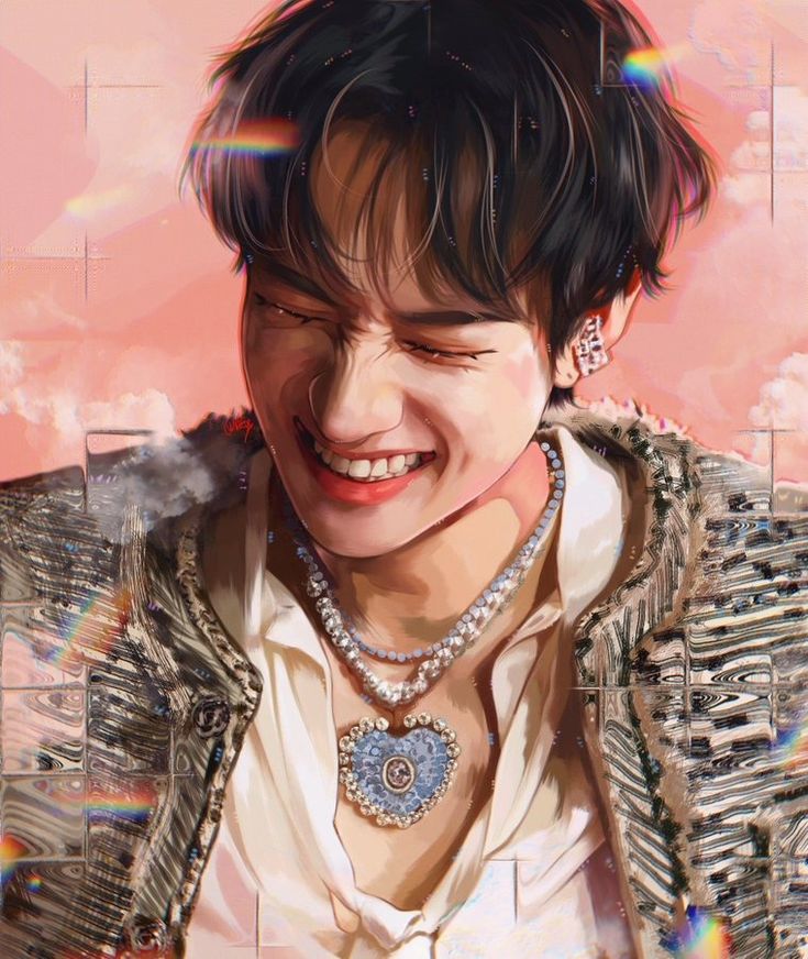 a painting of a young man wearing a jacket and smiling at the camera with rainbows in the background