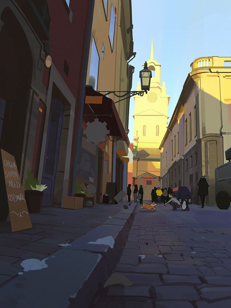 an image of people walking down the street at sunset or sunrise in this digital painting