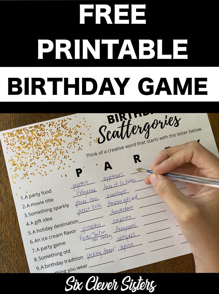 a person writing on a birthday game with text overlay that reads free printable birthday game