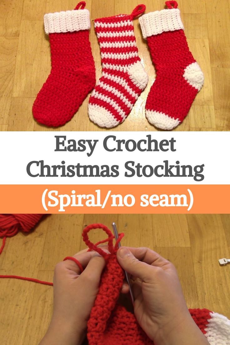 someone crocheting christmas stockings on the floor with yarn and scissors to make them look like they are knitting