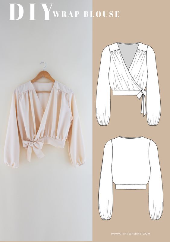 the front and back view of a cropped blouse with long sleeves, tied at the waist