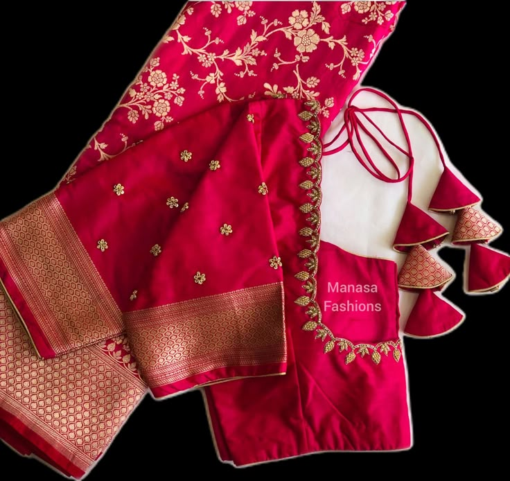 Simple Red Blouse Designs For Saree, Simple Blouse Work Designs For Silk Sarees, Work Vala Blouses, Green Saree Red Blouse Designs, Pink And Blue Maggam Work Blouse, Neck Work Designs For Blouse, New Pattu Blouse Designs, Simple Work On Blouse Designs, Simple Designs For Blouse Work