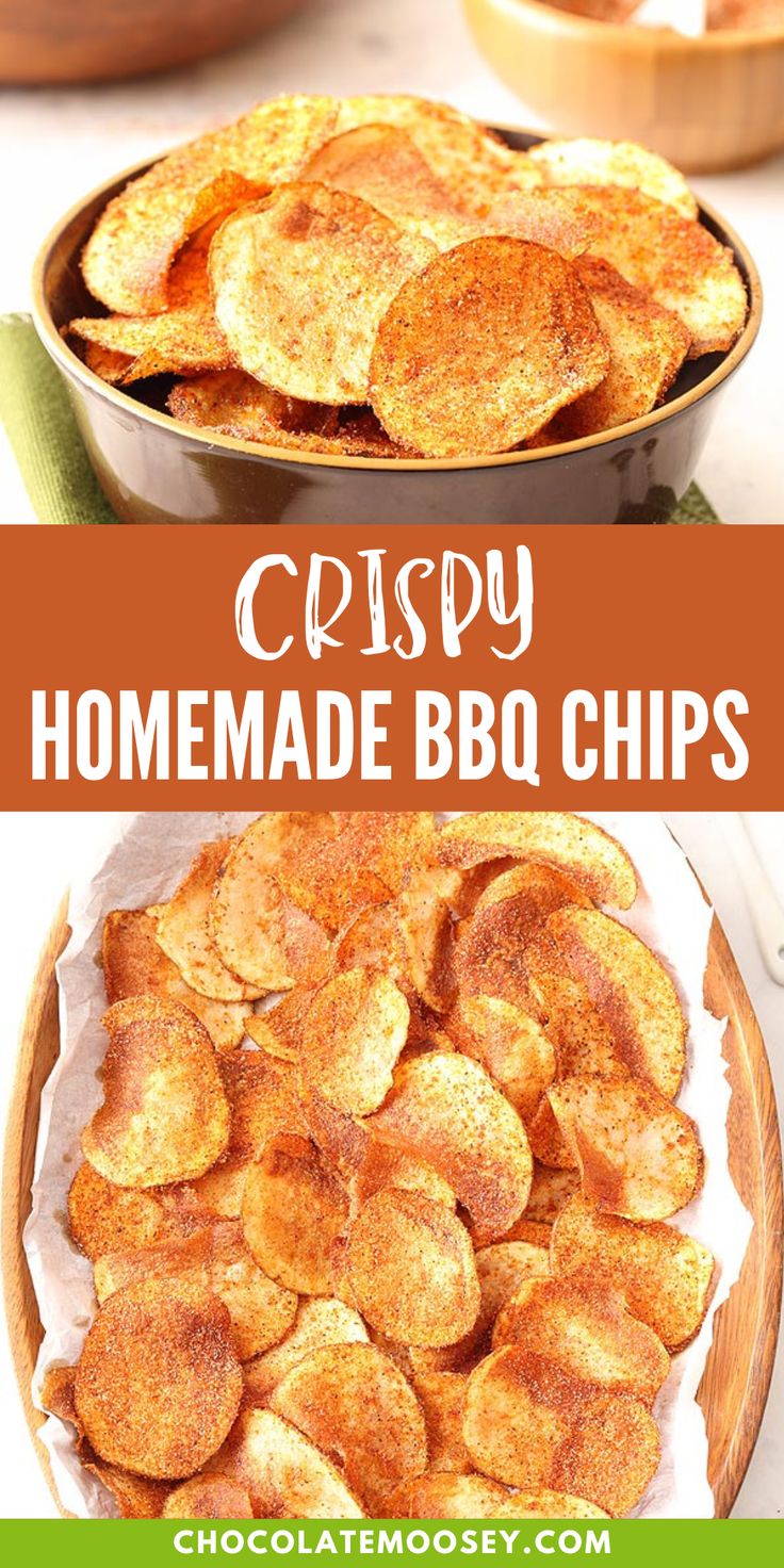 crispy homemade bbq chips in a bowl and on a plate with the title above it