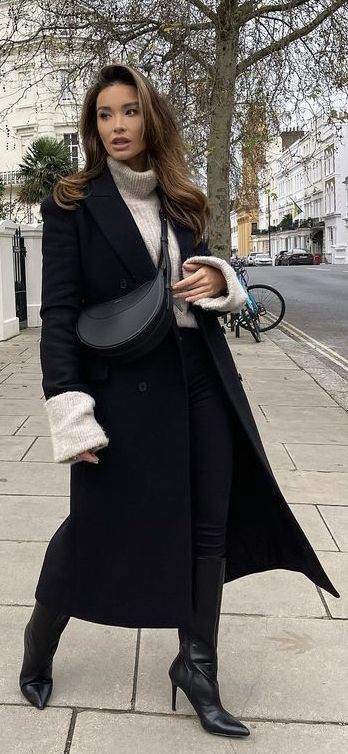 Black Wool Trench Coat Outfit, Black Overcoat Outfit Women, Classy Black Outfits For Women, Wool Trench Coat Outfit, Long Black Coat Outfit, Classy Black Outfits, Black Outfits For Women, Black Jacket Outfit, Capsule Style