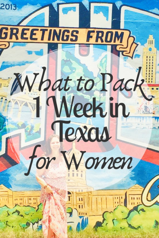 a woman standing in front of a mural with the words greetings from what to pack 1 week in texas for women