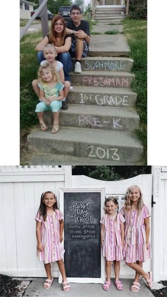 the family is posing for pictures on their steps and in front of some chalk writing