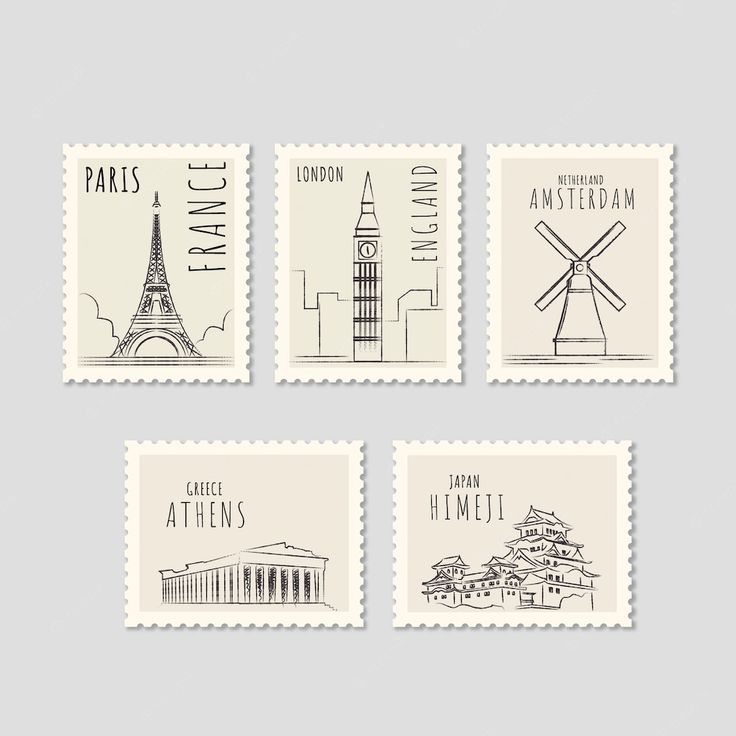 four stamps with different landmarks on them