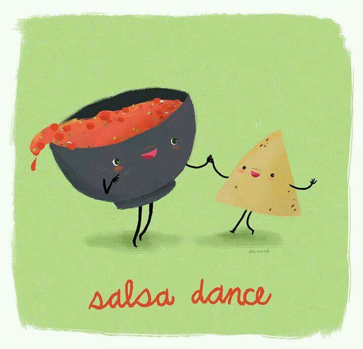 a couple of food items that are on a green background with the words salsa dance