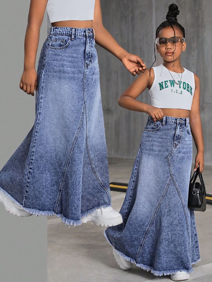 Tween Girls Y2K Trending High Waist Raw Hem Maxi Denim Long Skirt,Tween Girls Back To School Clothes Streetwear Outfits Medium Wash Casual   Denim Plain A Line Non-Stretch  Tween Girls Clothing, size features are:Bust: ,Length: ,Sleeve Length: Denim Long Skirt, Back To School Clothes, Girls Denim Skirts, Girls Y2k, Girls Back, Long Jean Skirt, Clothes Streetwear, Long Denim Skirt, School Clothes