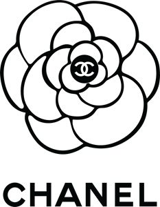 the chanel logo is shown in black and white, with a flower on it