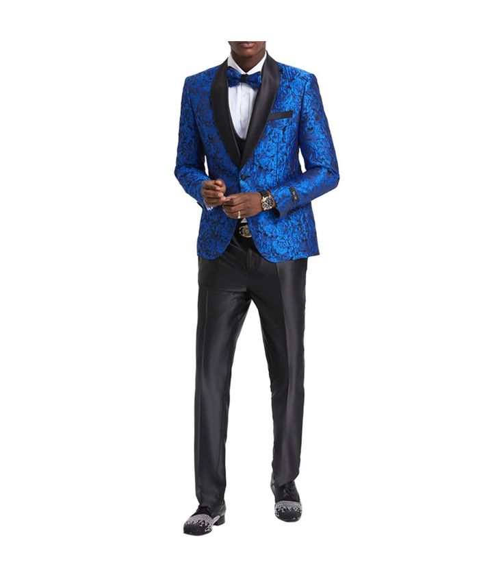 Stand out from the crowd with this stylish floral 3-piece suit. The wide satin shawl collar and double-breasted satin vest give this suit a unique look that's perfect for any occasion. The matching satin slacks are comfortable and stylish, and they'll make you feel confident and put-together. This suit is perfect for the young man who wants to make a statement. Whether you're attending a wedding, a formal event, or just a night out with friends, this suit will turn heads.Material: 65% Dacron 35% Rayon Blue Prom Tuxedo, Paisley Suit, Interview Suits, Suit Prom, Royal Blue Suit, Prom Tuxedo, Paisley Jacket, Double Breasted Vest, Paisley Shawl