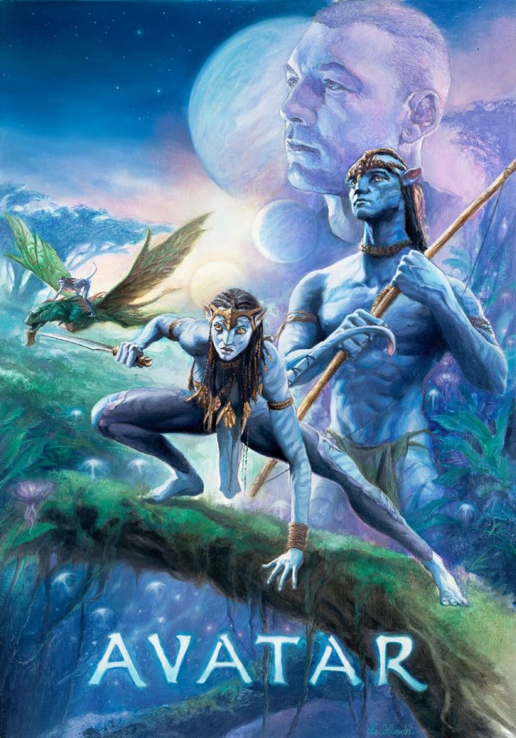 avatar movie poster with two men in front of an alien like creature and another man holding a spear