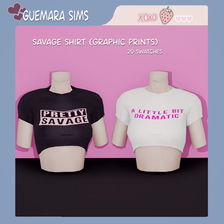 two white and black shirts on display in front of a pink background with the words, savge shirt graphic prints 20 swatches