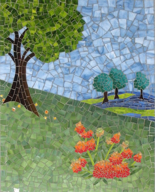 a mosaic with trees and flowers in the grass, on top of a blue sky background