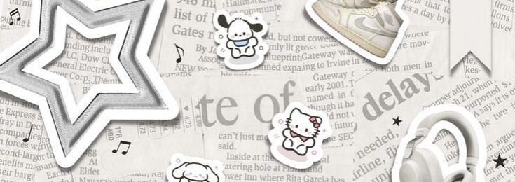 various stickers and decals on top of a newspaper with an image of a cartoon character