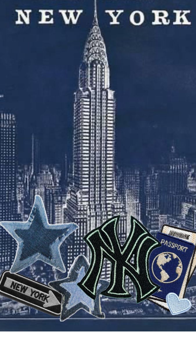 the new york city skyline is shown with stars and pins on it's side