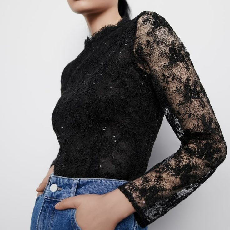 Nwt Zara Lace Sequin Blouse Size L Color: Black Long Sleeve Blouse With A High Neck. Sequin Appliqu Detail. Buttoned Opening At The Back. Zipper On The Side. Outer Shell 66% Polyester 16% Cotton 10% Polyamide 8% Viscose Lining 100% Polyester From Armpit To Armpit - 19” Length - 26” Waist Flat - 16” Stretch Lace Top For Party, Stretch Lace Mesh Top For Party, Stretch Long Sleeve Lace Top For Night Out, Long Sleeve Lace Top For Night Out, Stretch Lace Long Sleeve Top For Night Out, Stretch Lace Top With Long Sleeves For Night Out, Chic Long Sleeve Tops With Lace Sleeves, Chic Tops With Lace Long Sleeves, Summer Evening Top With Lace Sleeves