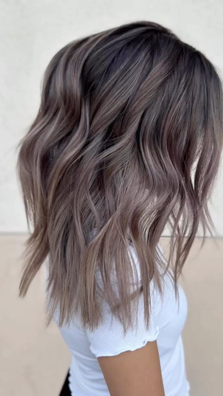 Mushroom Tone Hair, Dark Root Mushroom Balayage, Dark Brown To Mushroom Brown Hair, Mushroom Brown Ombre Hair, Medium Length Mushroom Brown Hair, Mushroom Brown With Shadow Root, Ombre Hair Brown Blonde, Grey Mushroom Hair Color, Ash Brown Hair One Color