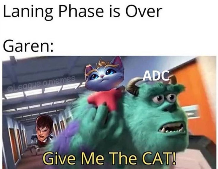 an image of a cartoon character with caption that reads, laning phase is over garden give me the cat