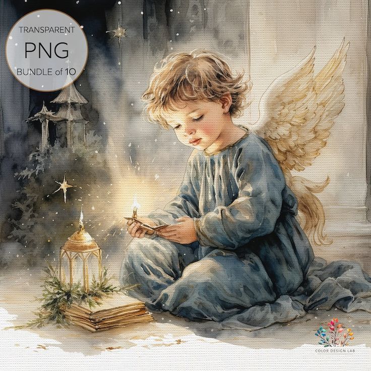 a painting of an angel sitting next to a book with a lit candle in it