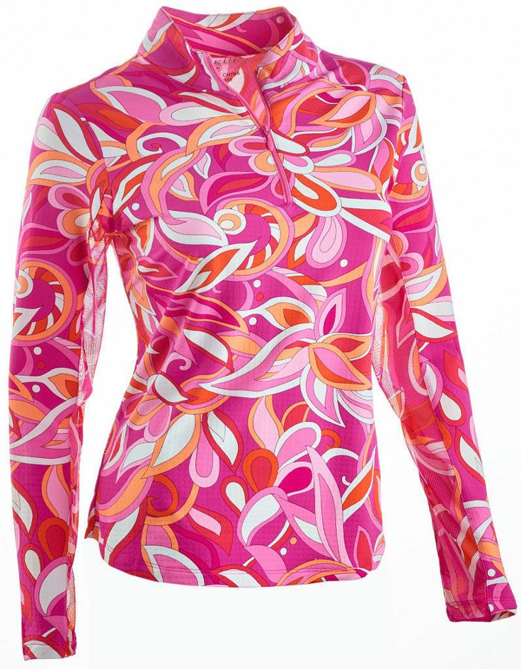 NWT - New With Tags Ladies Womens IBKUL formally ICIKULS UPF 50 Caprese Hot Pink Long Sleeve Mock Neck Golf Tennis Shirt Top - Sizes LARGE,  XL & XXL   It has a zip placket, a mock neck and mesh running down under the sleeves. The ICE FIL fabric is 92% Nylon & 8% Polyurethane which is designed to keep you cool. It is soft and stretchy, wicks the moisture from sweat, has 50+ UPF sun protection, is fast drying and retains it shape after washing. The colors are FUCHSIA, 3 Shades of PINK, Orange, Re Fitted Long Sleeve Tops For Golf, Fitted Long Sleeve Golf Tops, Casual Tops For Golf In Fall, Spring Sports Half-zip Top, Spring Golf Tops With Collar, Spring Half-zip Sports Top, Spring Golf Collared Tops, Pink Sporty Collared Top, Collared Golf Tops For Spring