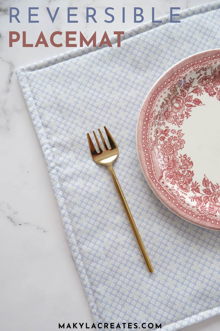 A blue patterned placemat on a bench top with a plate and fork. Diy Sewing Placemats, Placemats Sew, Sewn Placemats, Dining Table Place Mats, How To Make Placemats Free Pattern, Simple Placemats To Sew, Quilted Placemat Patterns Free Tutorials, Placemat Sewing, Simple Quilted Placemats