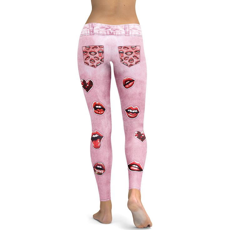 Embrace the whimsy of love with these Valentine Lips Denim Print Leggings. The playful pastel pink denim illusion sets the stage for a flirtatious dance of ruby red and blush hearts, interspersed with sassy, puckered lips. A fashion statement that speaks to the bold at heart, these leggings are a delightful nod to the fun and romance of Valentine's Day, wrapped in an all-day comfort that's perfect for any casual rendezvous or a cozy night in. NOTE: The pockets are NOT real, they are part of the print. If you prefer leggings with pockets, click here. Cute Fitted Pink Pants, Cute Pink Fitted Pants, Fitted Cute Pink Pants, Cute Pink Stretch Bottoms, Cute Stretch Pink Bottoms, Pink Stretch Jeans For Summer, Casual Pink Cotton Leggings, Trendy Pink Cotton Leggings, Trendy Mid-rise Pink Bottoms