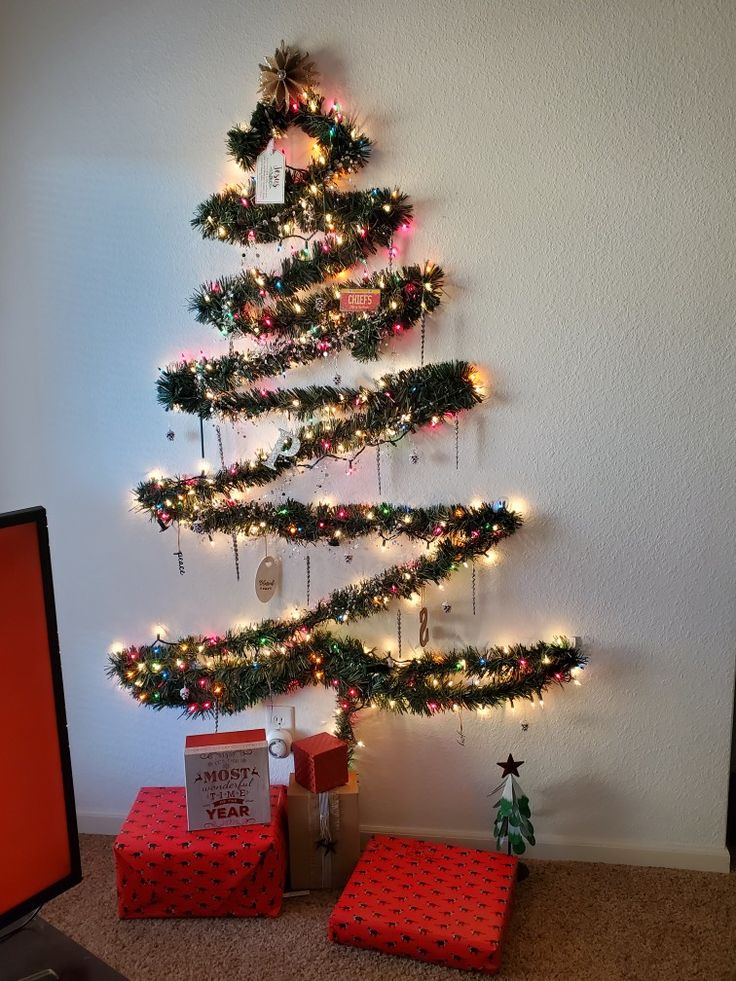 a small christmas tree with presents under it