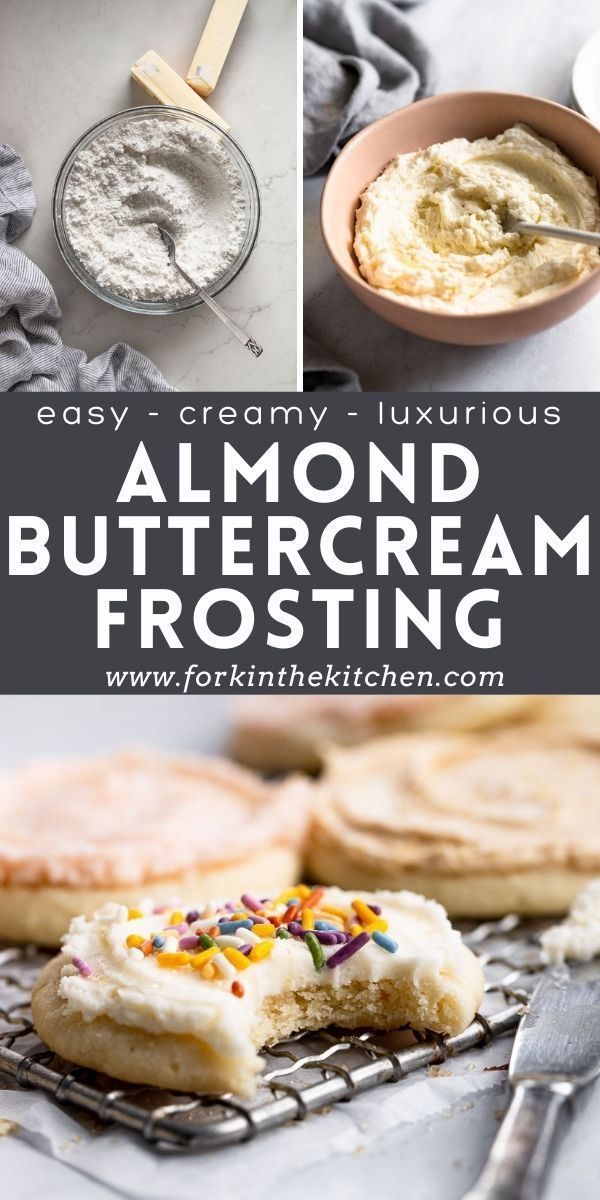 almond buttercream frosting recipe with text overlay