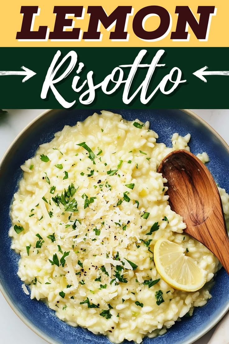 lemon risotto on a blue plate with a wooden spoon