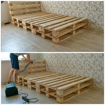 two pictures of a bed made out of wooden pallets, one with a vacuum and the other without