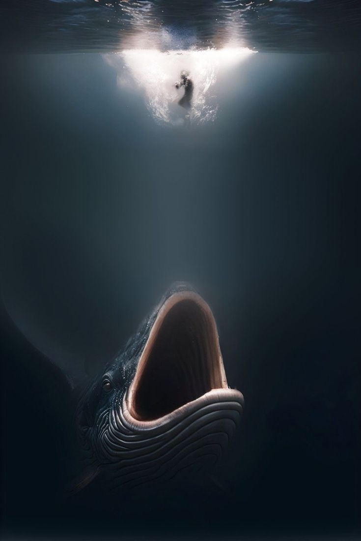 an image of a whale in the water with its mouth open and it's light shining