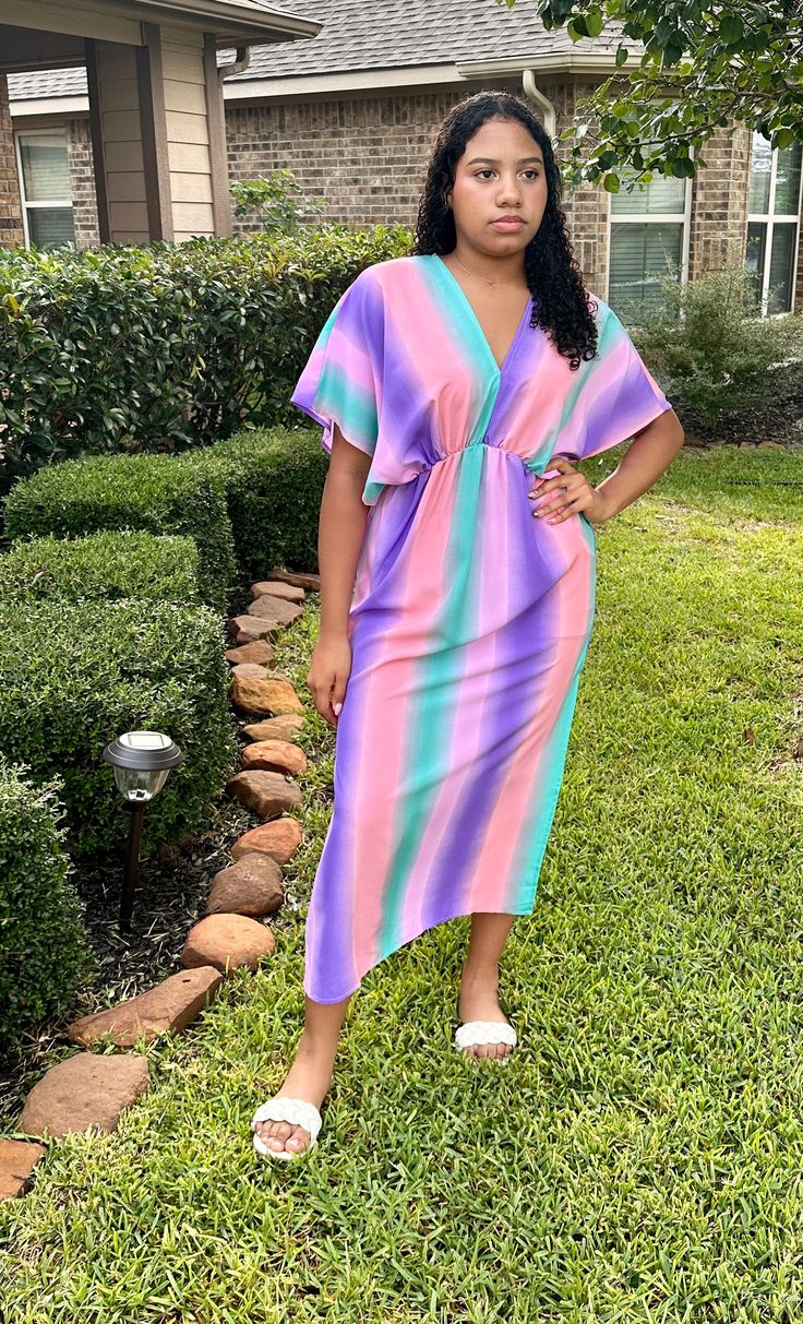 This item is available for local pick up from Magnolia, TX or select a shipping option and have it shipped directly to you. Spend over $99 and shipping is on me! Hit the pool or beach vacation wearing this bright and bold striped dress. It is so perfect for spring and summer! It features a lightweight breezy material and can be worn as a dress or cover up! Model is wearing a small. She is 5’8” tall. Flowy Multicolor Print Dress For Beach Cover-up, Multicolor Free Size Beach Cover-up Dress, Spring Color Block V-neck Maxi Dress, Vibrant Multicolor Maxi Dress Beach Cover-up, Summer Color Block V-neck Maxi Dress, Vacation Wear, Pool Time, Stripe Dress, Striped Cardigan