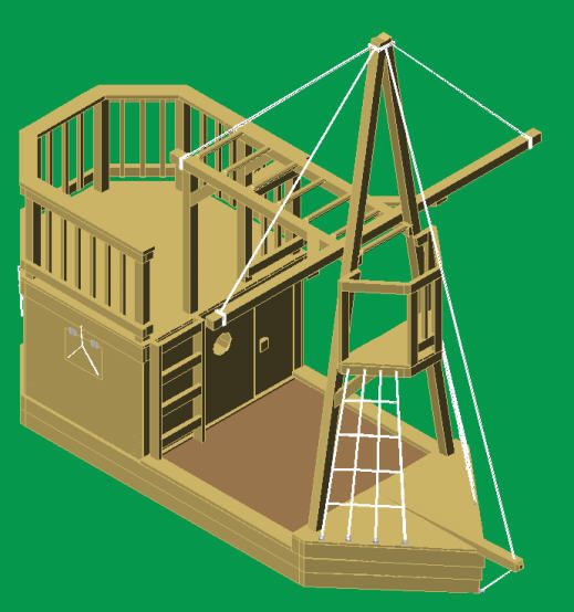 a drawing of a wooden structure with stairs and railings on the side, in front of a green background