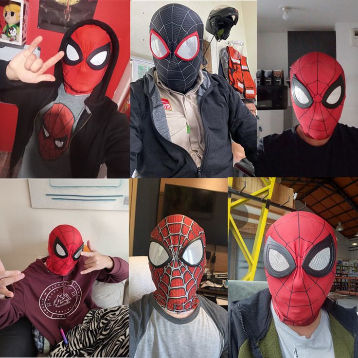 four pictures of people wearing spider - man masks