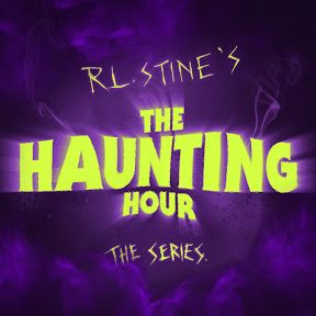 the title for r l stine's the haunting hour, which is written in neon green and purple