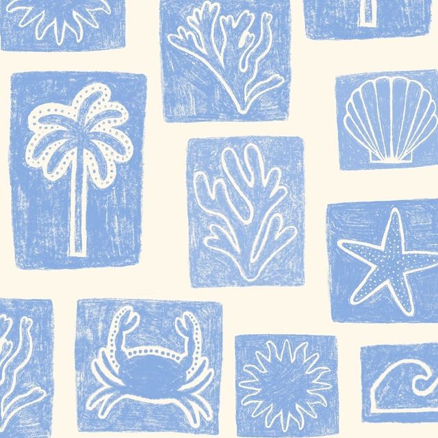 a blue and white drawing of different types of sea animals on squares with palm trees