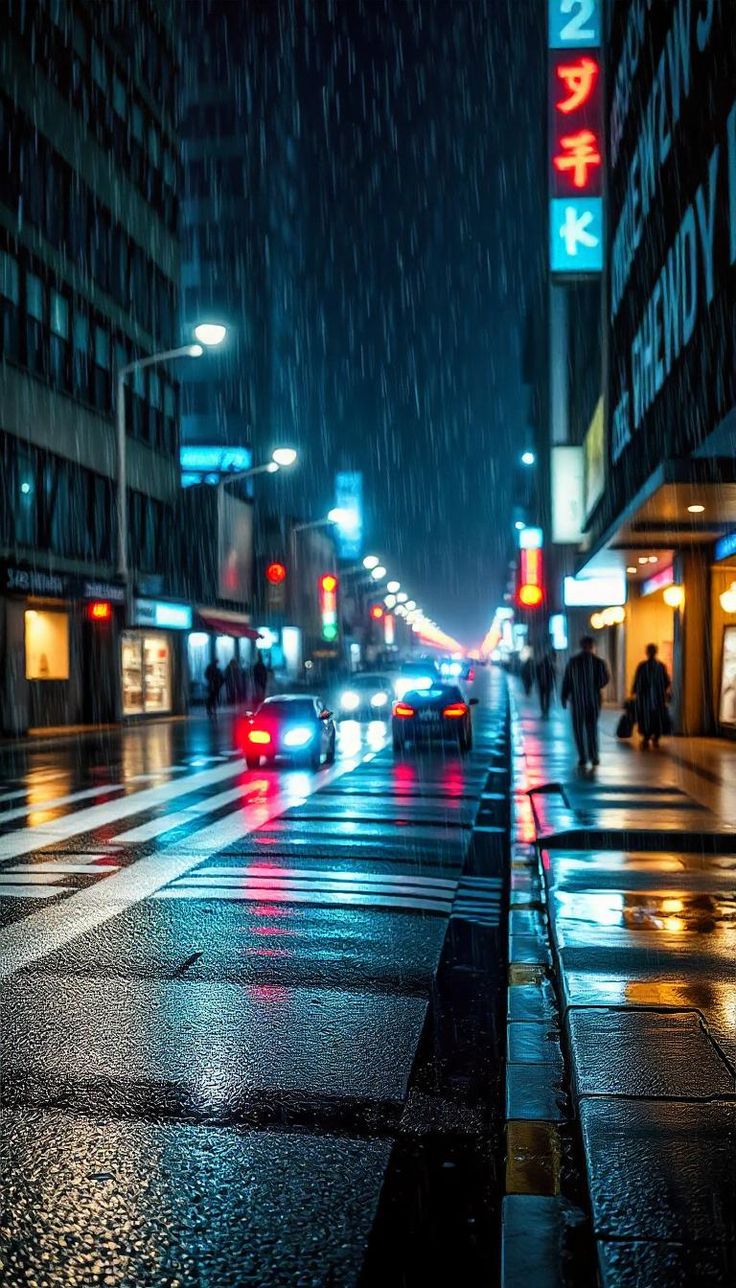 people walking down the street at night in the rain with umbrellas and cars driving by