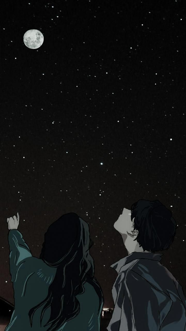 two people looking up at the stars in the night sky, with one person reaching for the moon