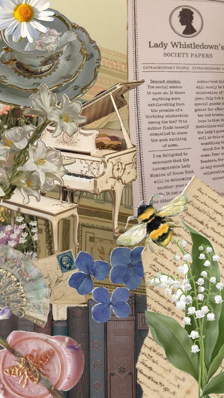 altered photograph of flowers, books and music sheet with lady whitfield's secret papers