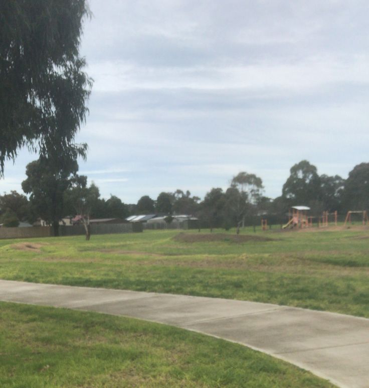 an empty park with trees and playgrounds in the background