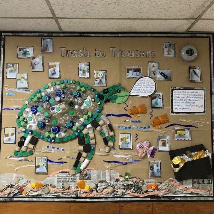 a bulletin board with pictures and words on it that says, trash to treasure?