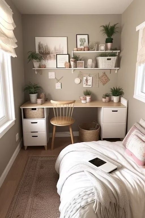 a bedroom with a bed, desk and shelves filled with plants on top of it