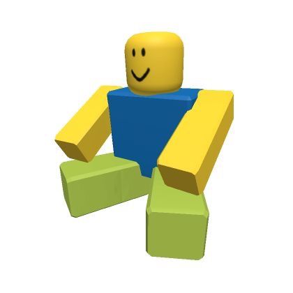 a yellow and blue lego man sitting on the ground with his hands behind his back