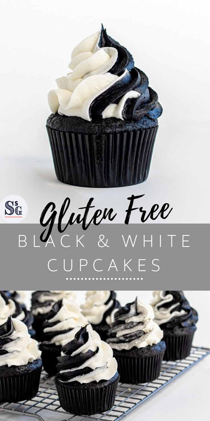 gluten free black and white cupcakes on a cooling rack with text overlay