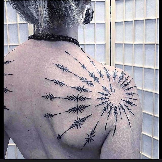 the back of a woman's shoulder with tattoos on it