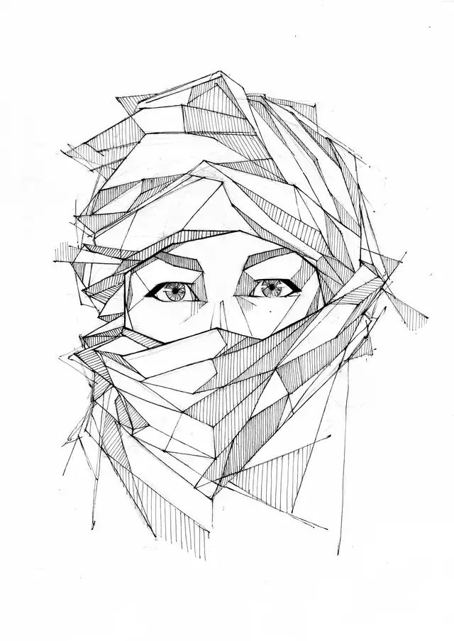 a black and white drawing of a woman's face with lines coming out of it