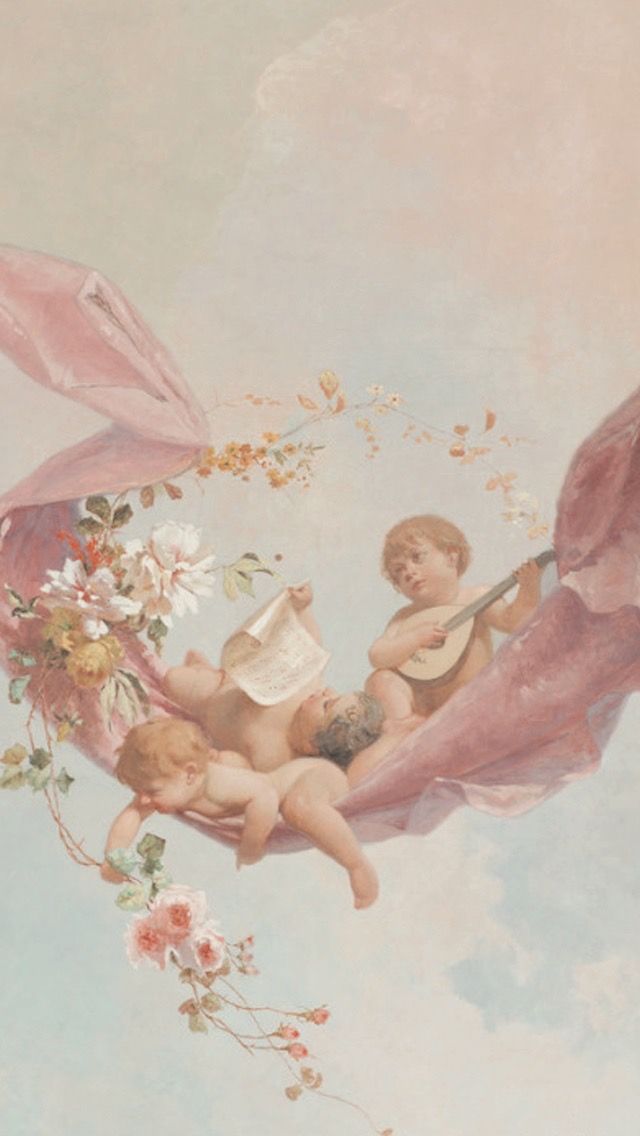 a painting of two cherubs with an umbrella and flowers in the sky above them