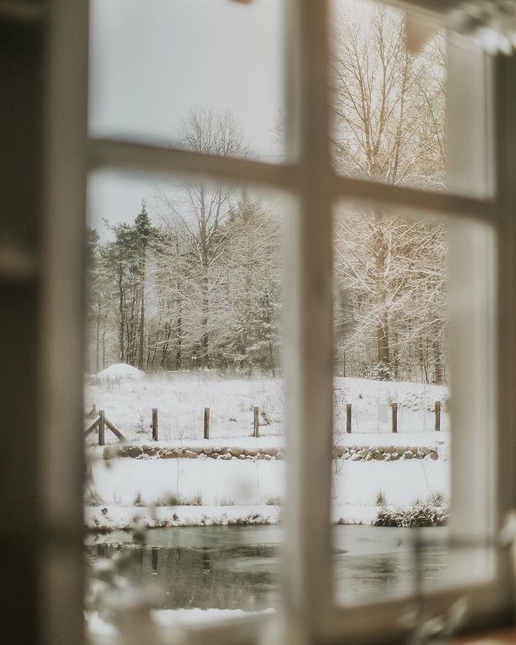 a snowy scene seen through an open window